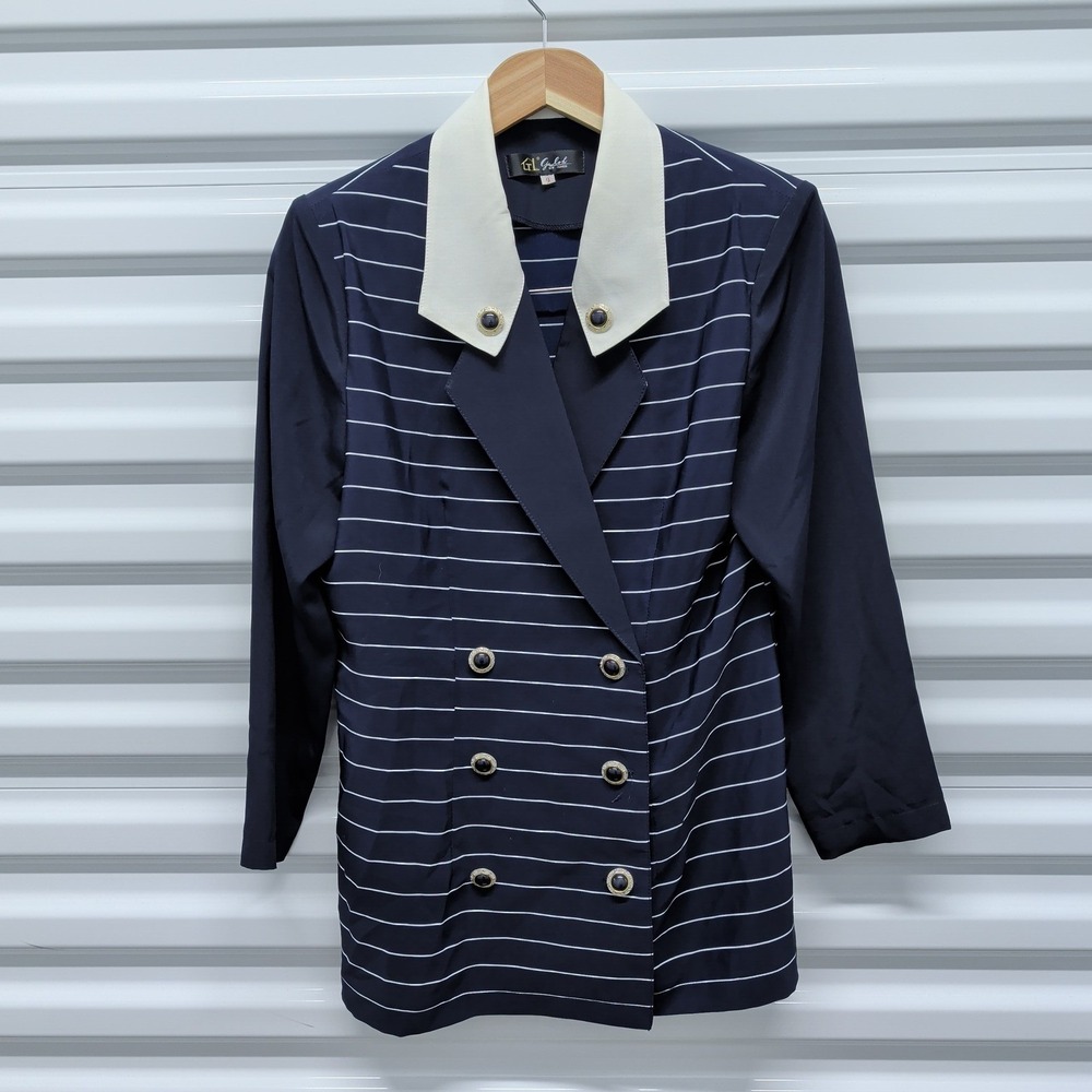 Galoh Blazer Size 9 Womens Navy Blue Pinstripe Double Breasted Contrast Collar — photo 2